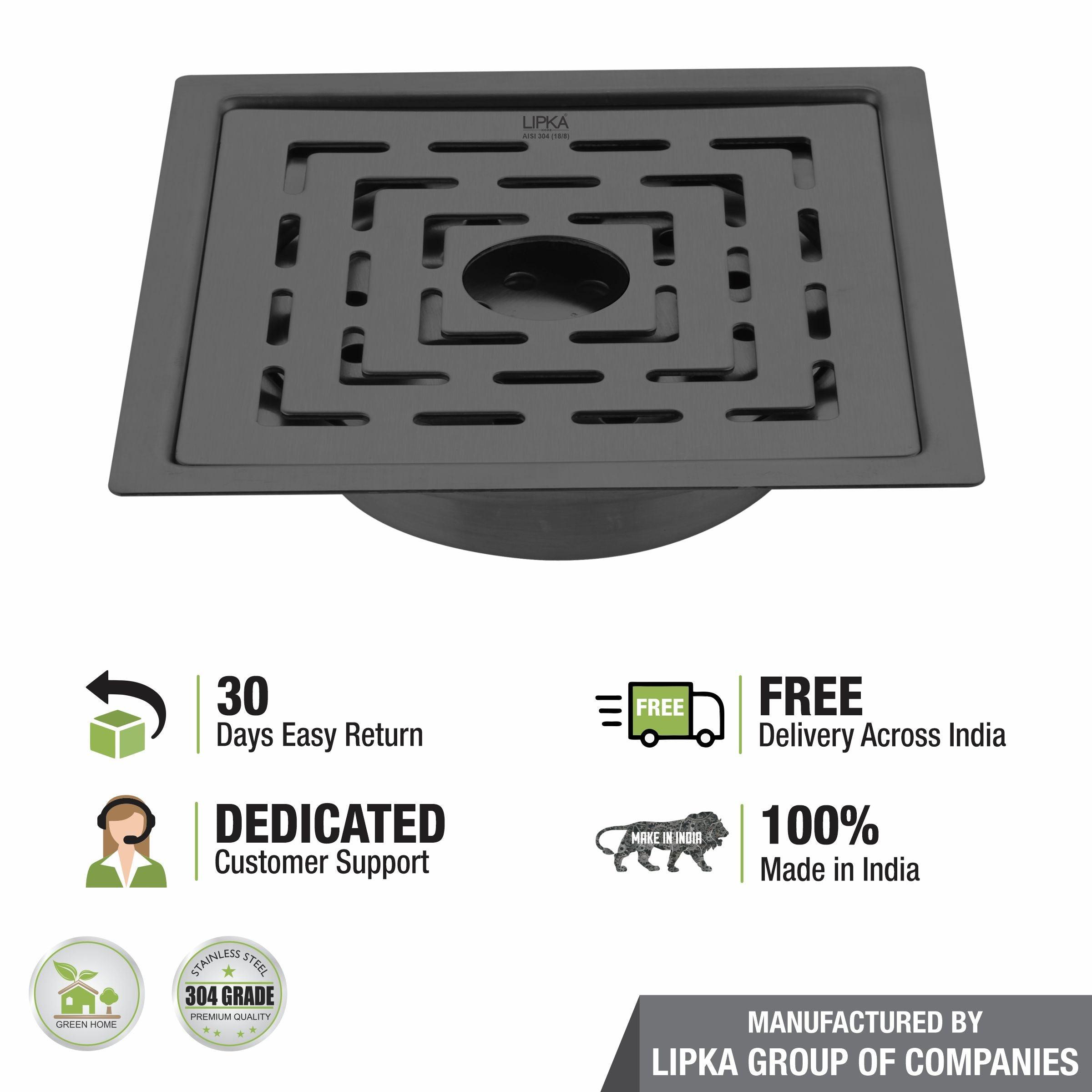 Orange Exclusive Square Flat Cut Floor Drain in Black PVD Coating (6 x 6 Inches) with Hole & Cockroach details
