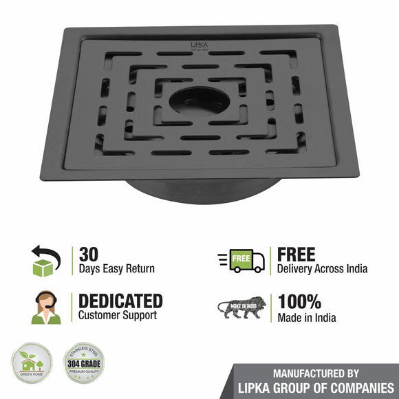 Orange Exclusive Square Flat Cut Floor Drain in Black PVD Coating (6 x 6 Inches) with Hole & Cockroach Trap - LIPKA - Lipka Home