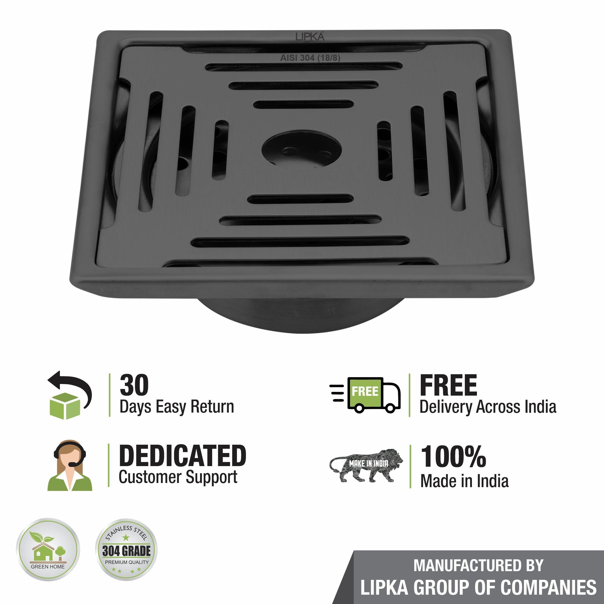 Green Exclusive Square Floor Drain in Black PVD Coating (6 x 6 Inches) with Hole & Cockroach Trap - LIPKA - Lipka Home