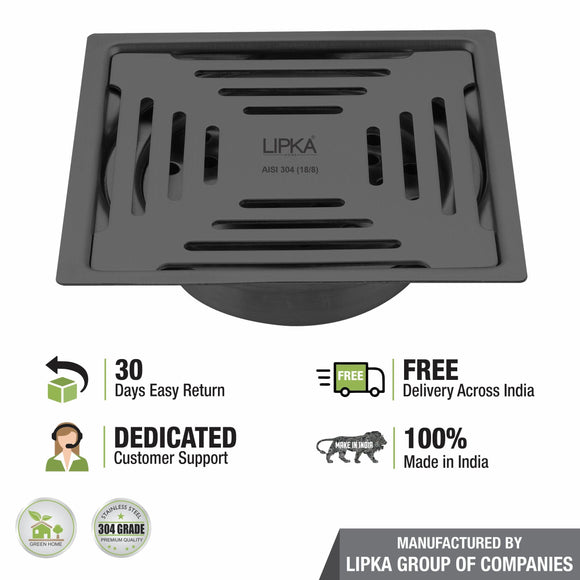 Green Exclusive Square Flat Cut Floor Drain in Black PVD Coating (6 x 6 Inches) with Cockroach Trap - LIPKA - Lipka Home