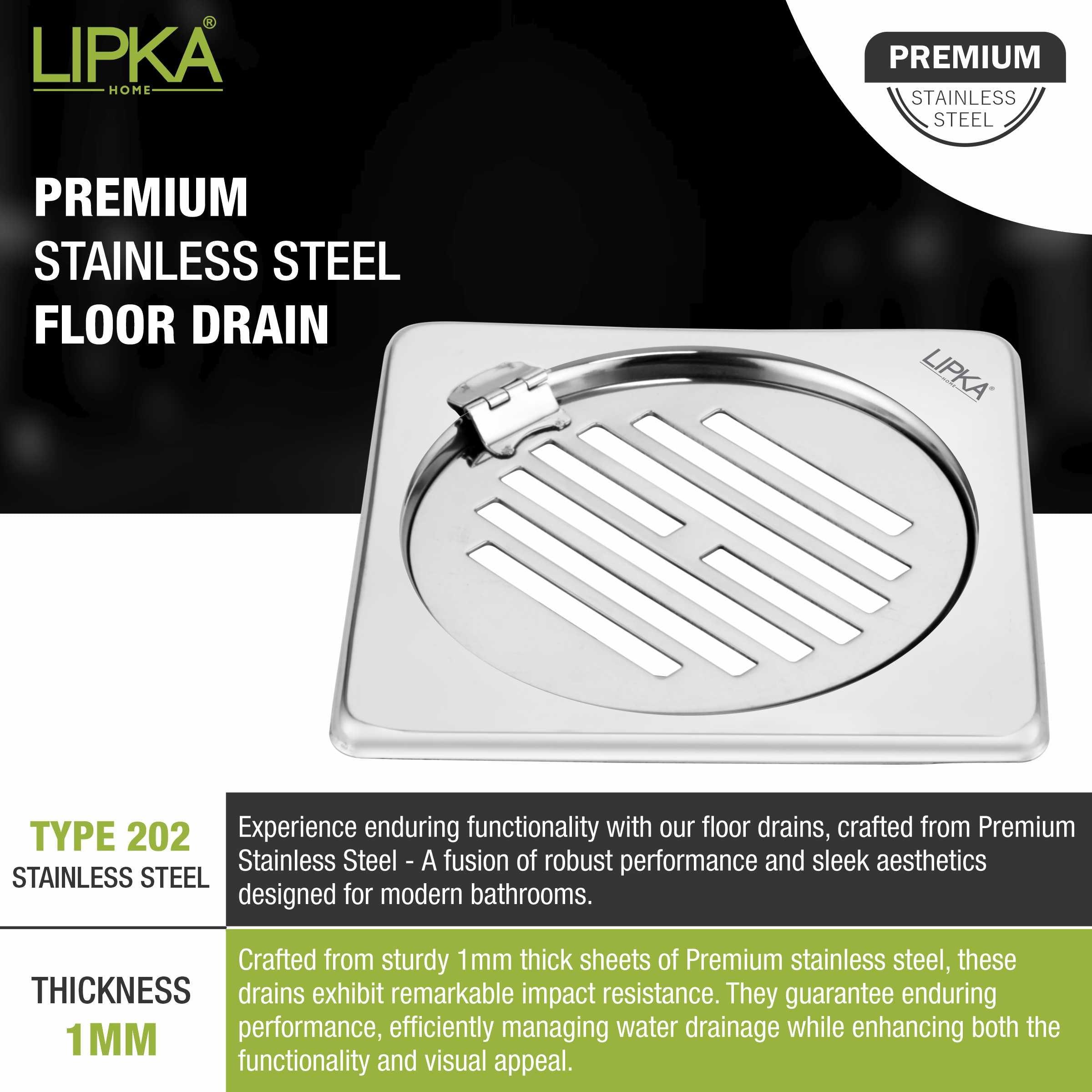 Eon Square Floor Drain with Golden Classic Jali and Hinge (5 x 5 Inches) - LIPKA - Lipka Home