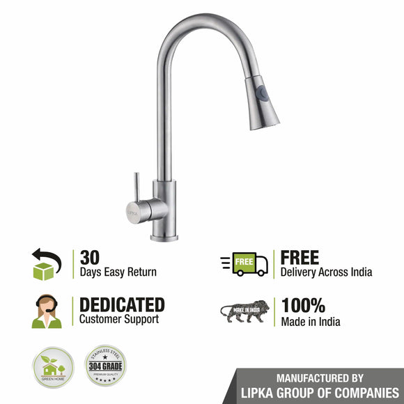 Kyron Single Lever 304-Grade Pull-out Mixer Faucet with Swivel Spout & Dual Flow (Silver) - LIPKA - Lipka Home