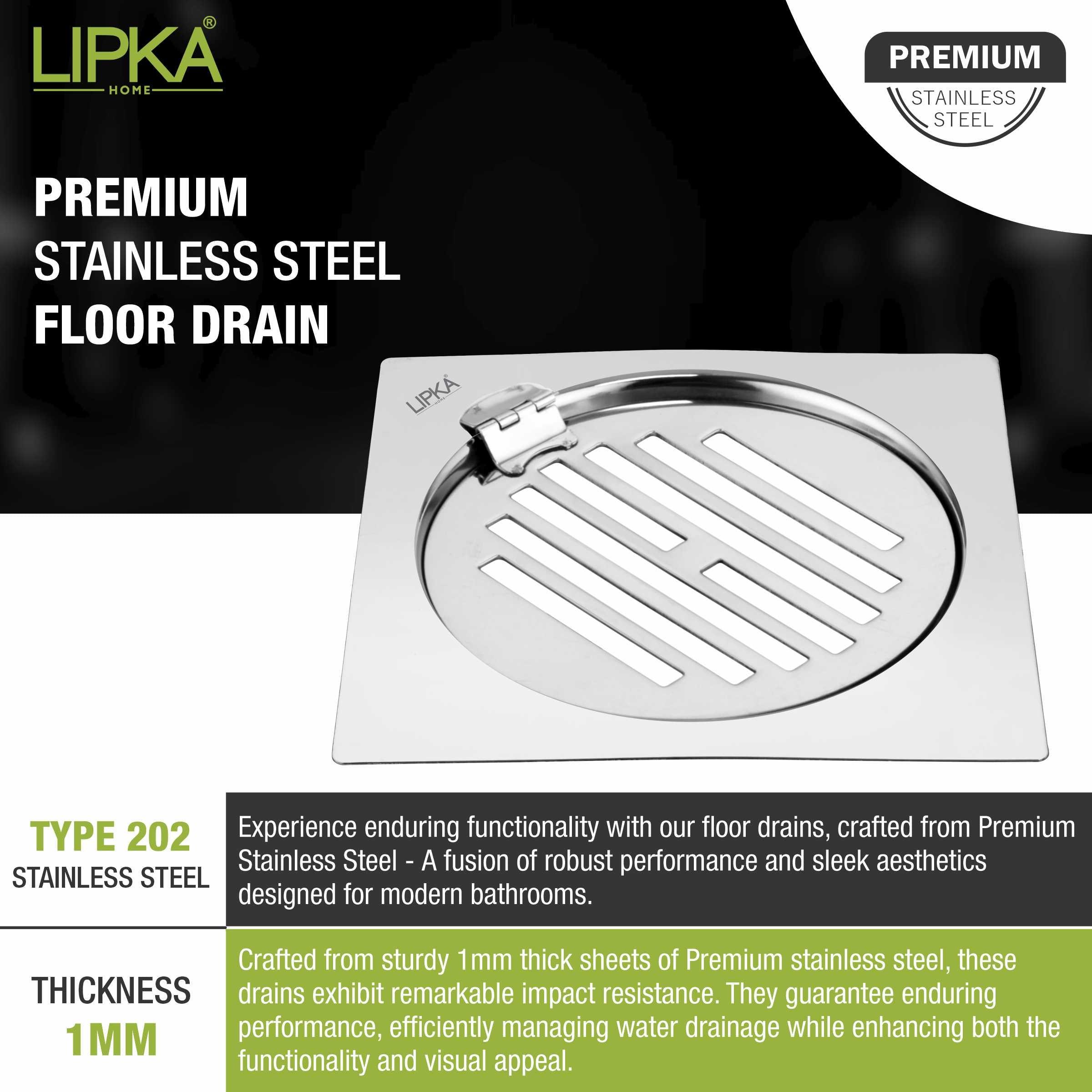 Eon Square Flat Cut Floor Drain with Golden Classic Jali and Hinge (5 x 5 Inches) - LIPKA - Lipka Home