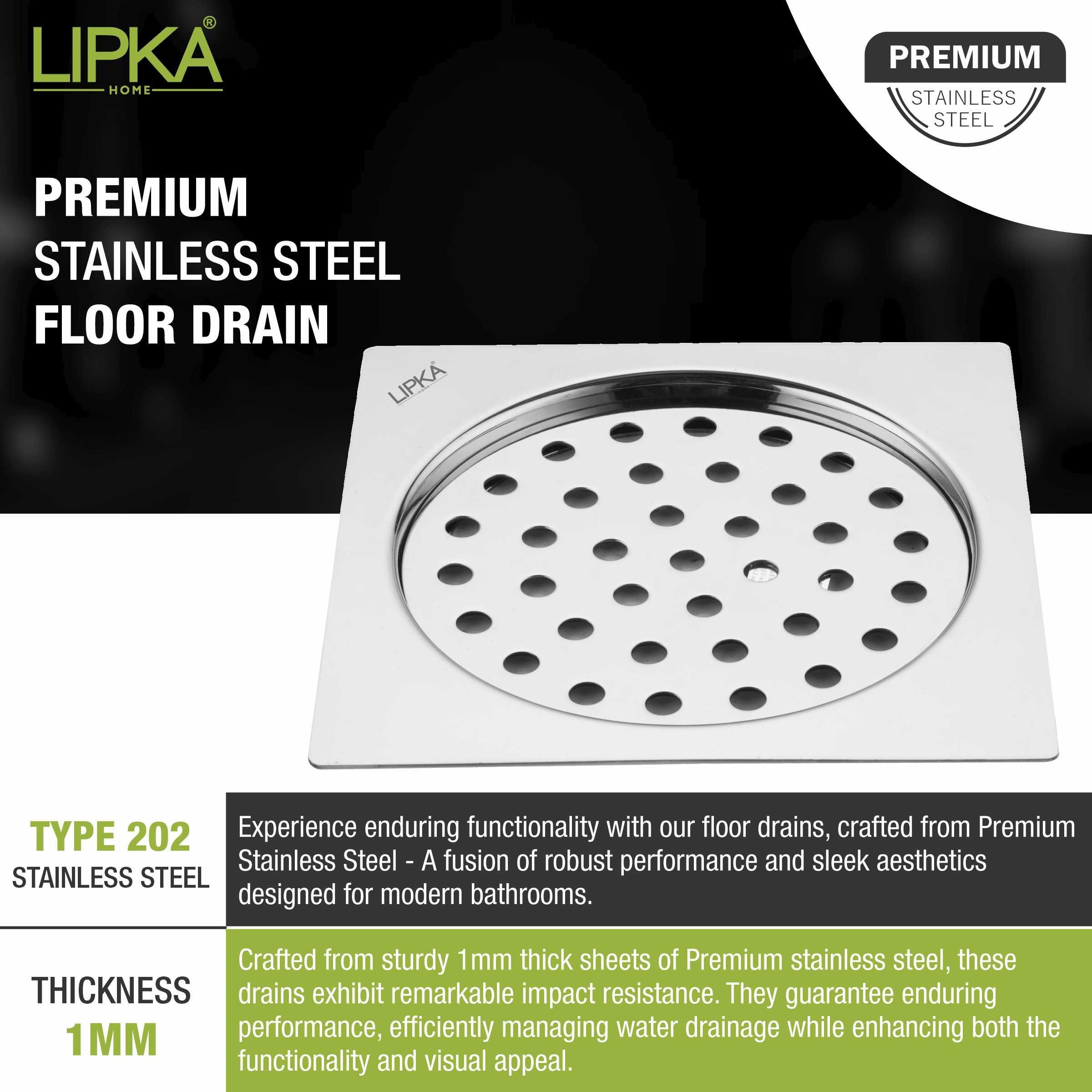 Eon Square Flat Cut Floor Drain with Plain Jali (5 x 5 Inches) - LIPKA - Lipka Home