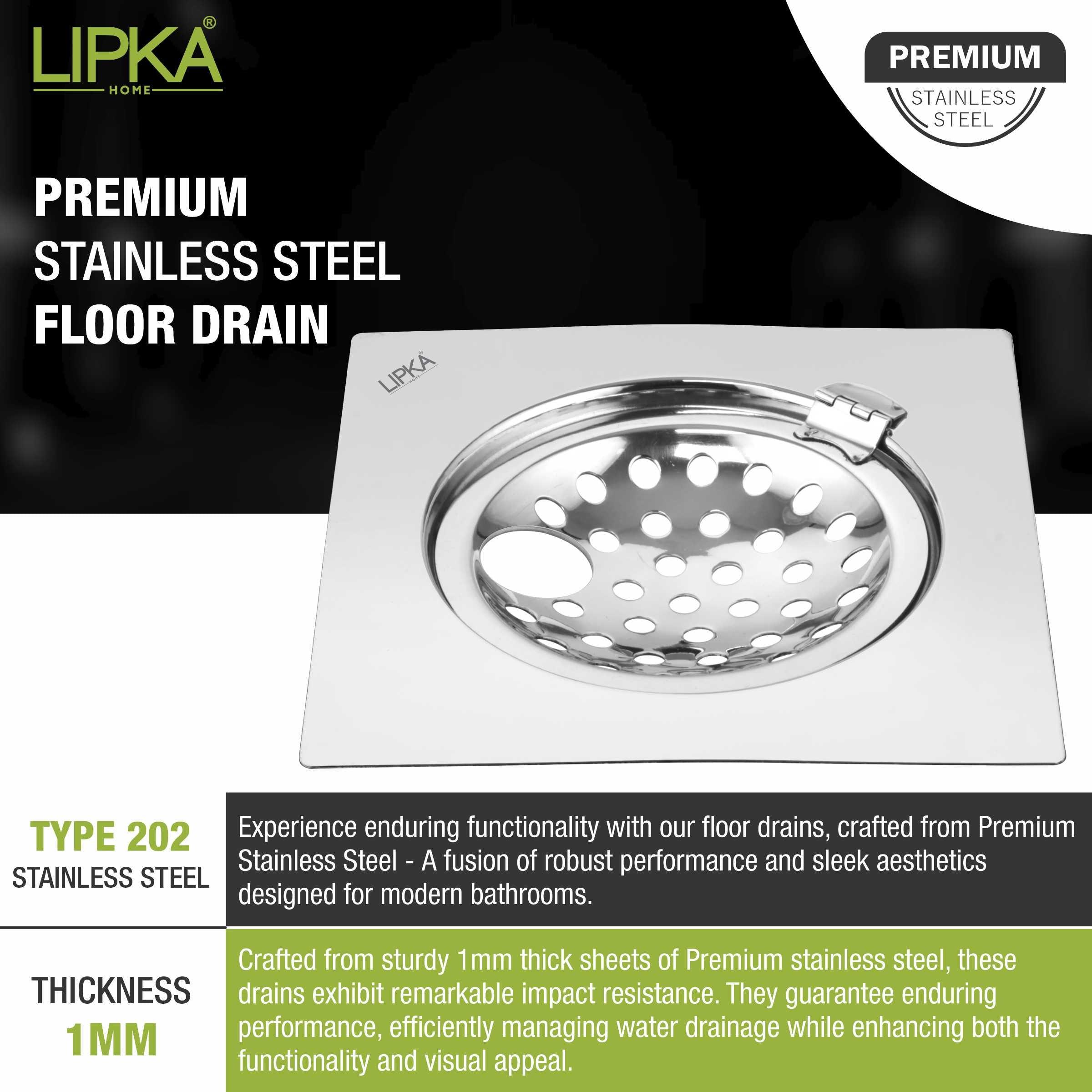 Eon Square Flat Cut Floor Drain with Hinge and Hole (6 x 6 Inches) - LIPKA - Lipka Home