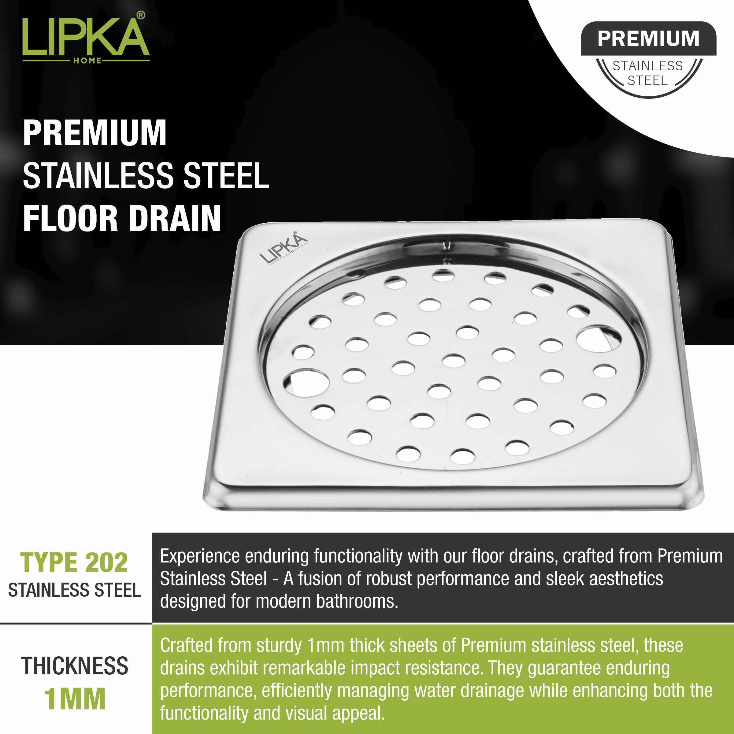 Eon Square Floor Drain with Plain Jali and Lock (6 x 6 Inches) - LIPKA - Lipka Home