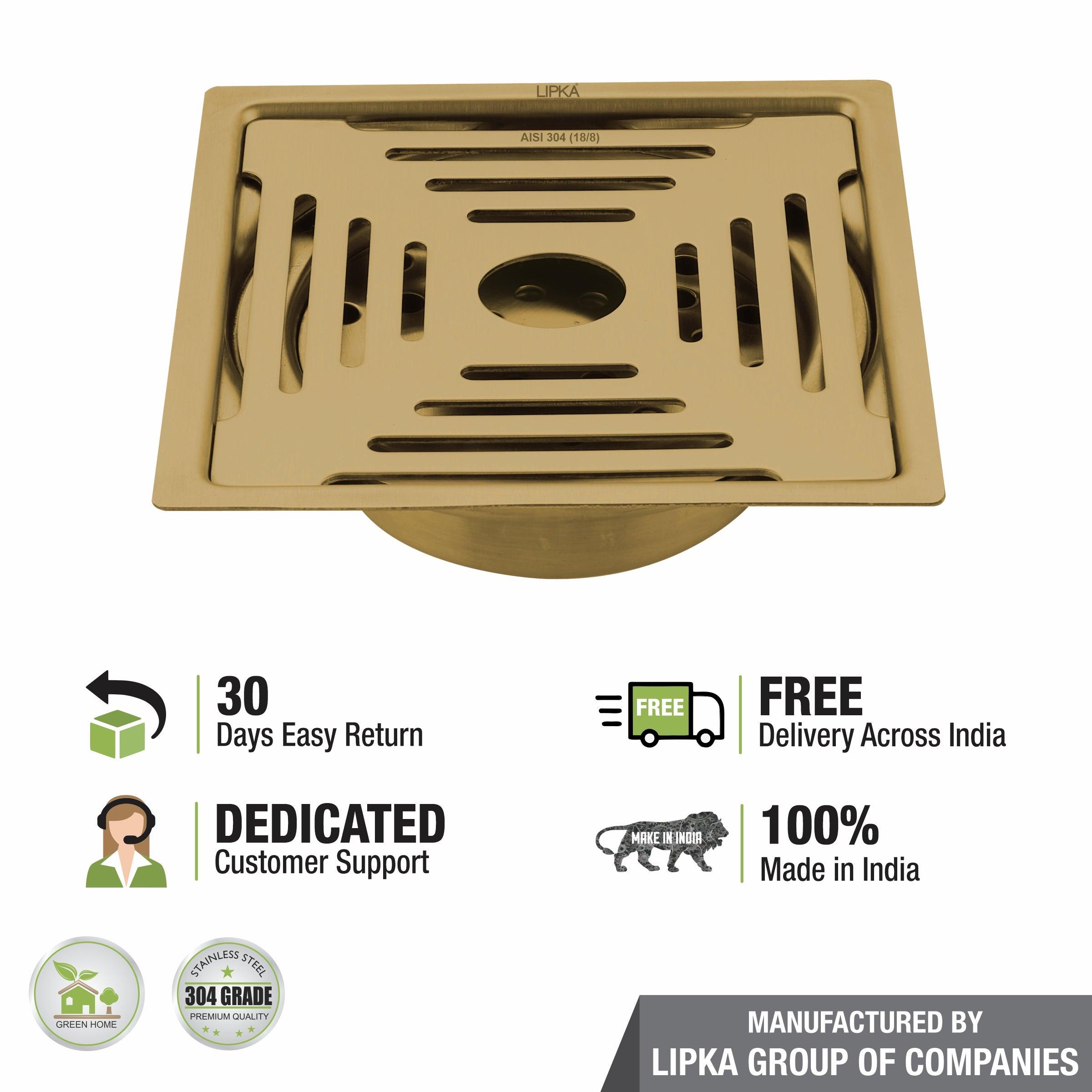 Green Exclusive Square Flat Cut Floor Drain in Yellow Gold PVD Coating (6 x 6 Inches) with Hole & Cockroach Trap - LIPKA - Lipka Home