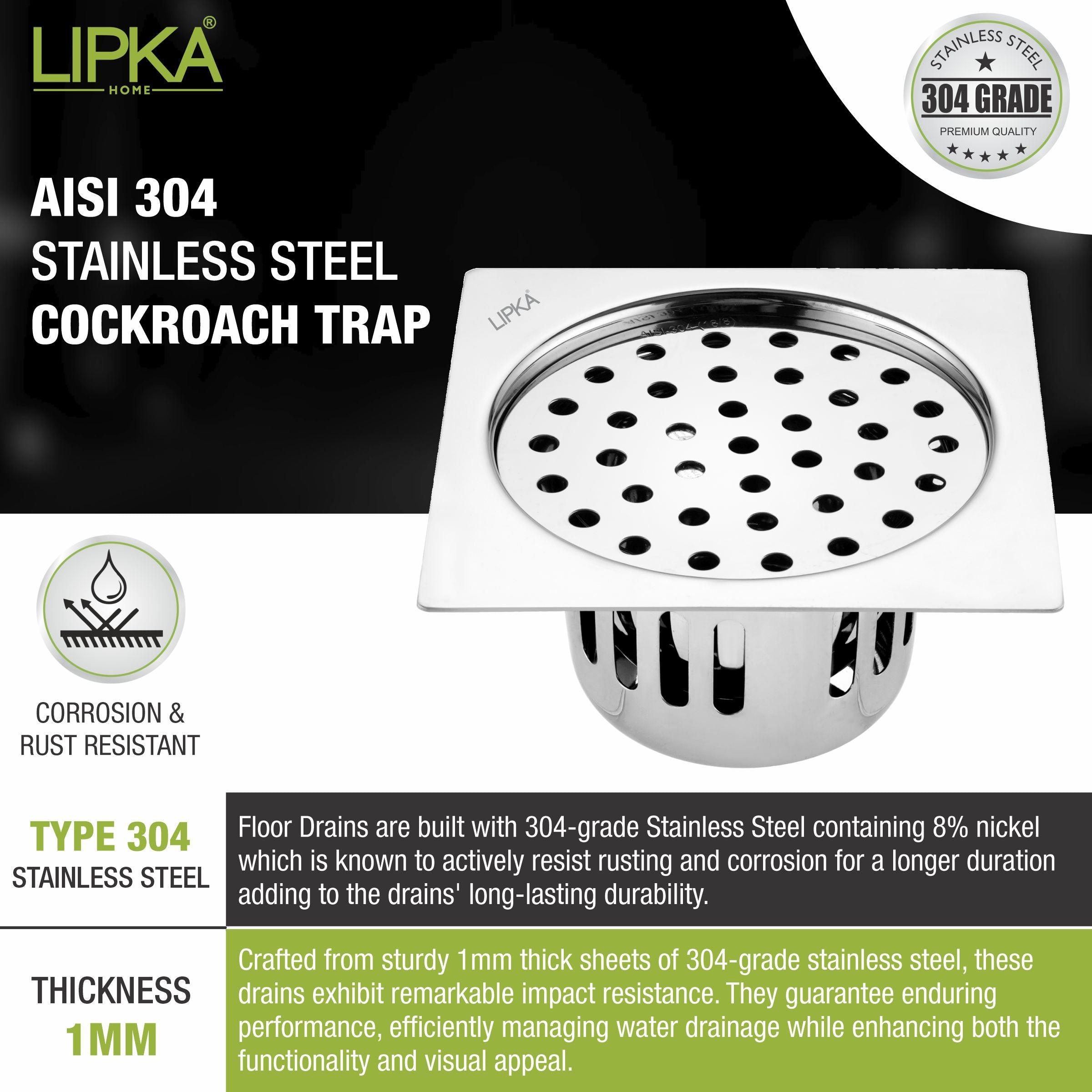 Square Flat Cut Floor Drain (5 x 5 Inches) with Cockroach Trap - LIPKA - Lipka Home