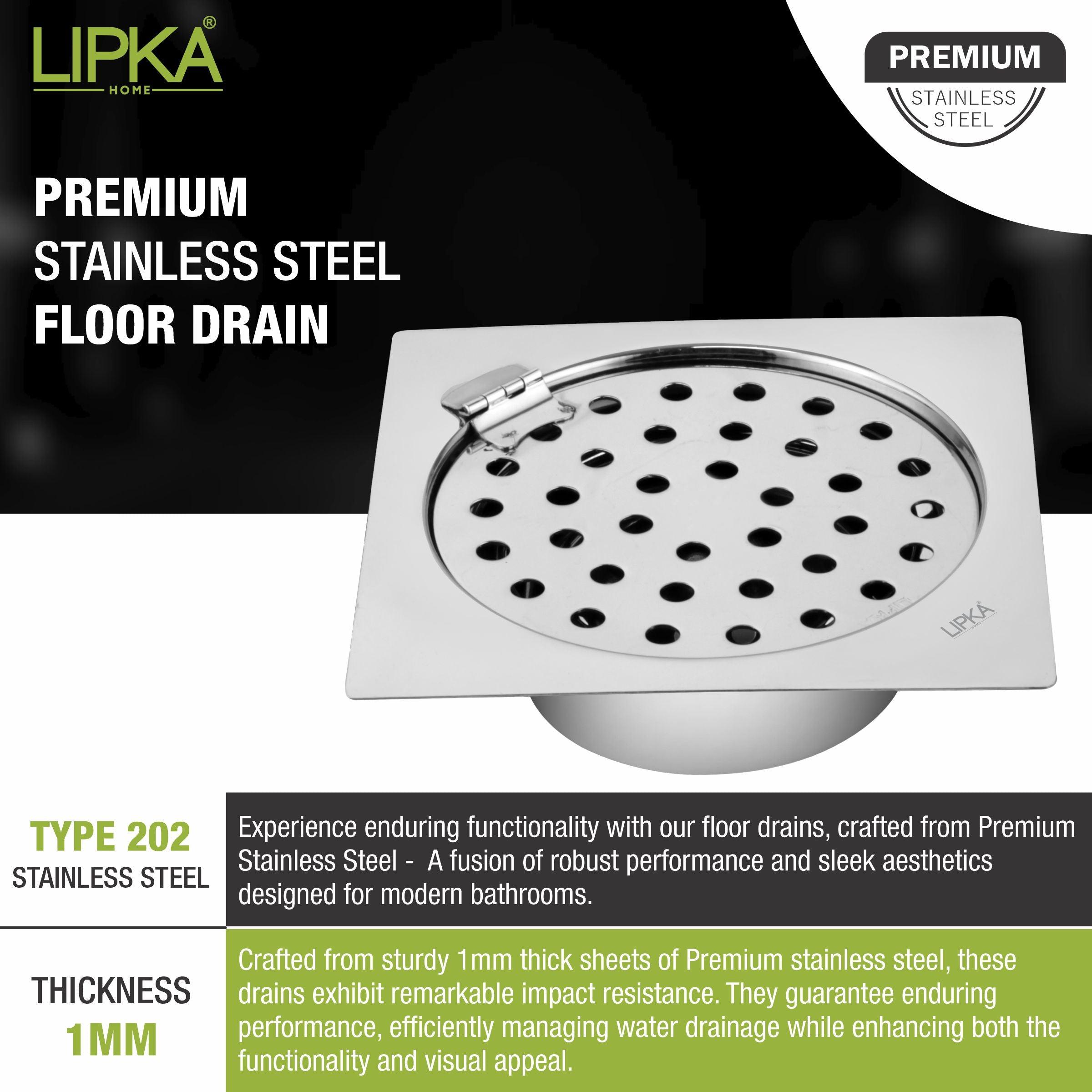 Super Sleek Square Flat Cut Floor Drain (6 x 6 Inches) with Hinge and Cockroach Trap - LIPKA - Lipka Home