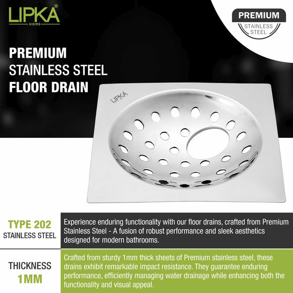 UNO Square Flat Cut Floor Drain (5 x 5 Inches) with Hole - LIPKA - Lipka Home