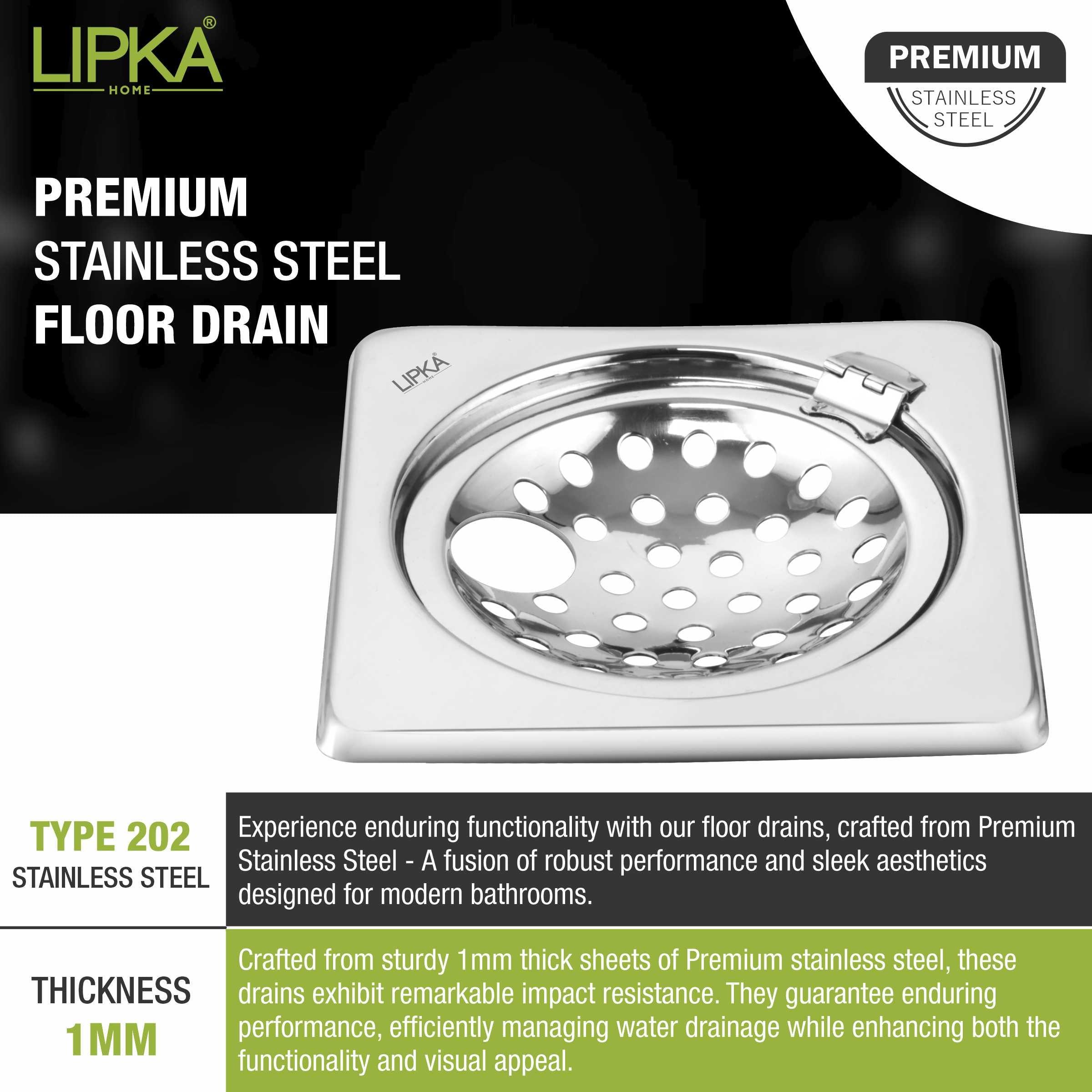 Eon Square Floor Drain with Hinge and Hole (5 x 5 Inches) - LIPKA