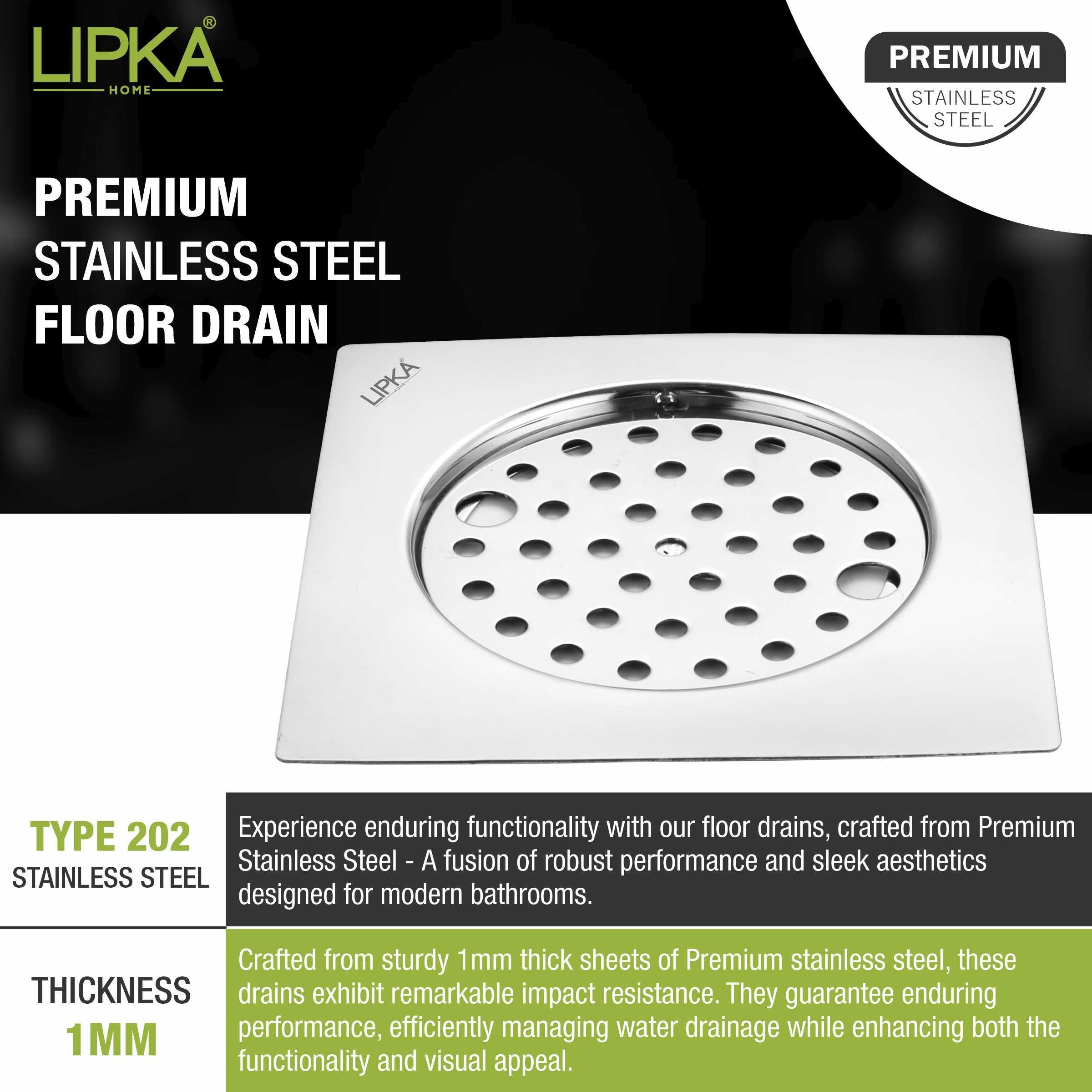 Eon Square Flat Cut Floor Drain with Plain Jali and Lock (6 x 6 Inches) - LIPKA - Lipka Home