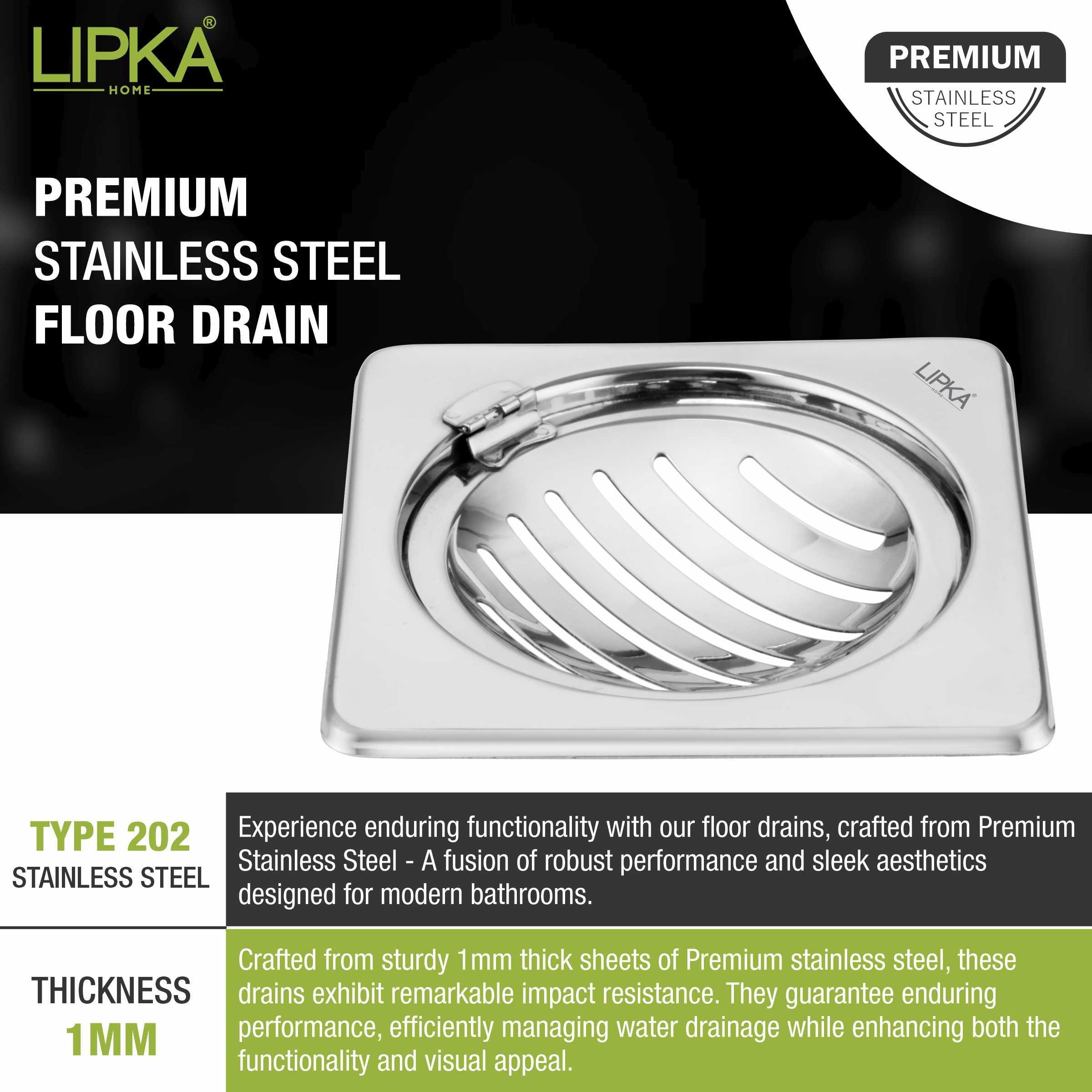 Eon Square Floor Drain with Classic Jali and Hinge (5 x 5 Inches) - LIPKA - Lipka Home