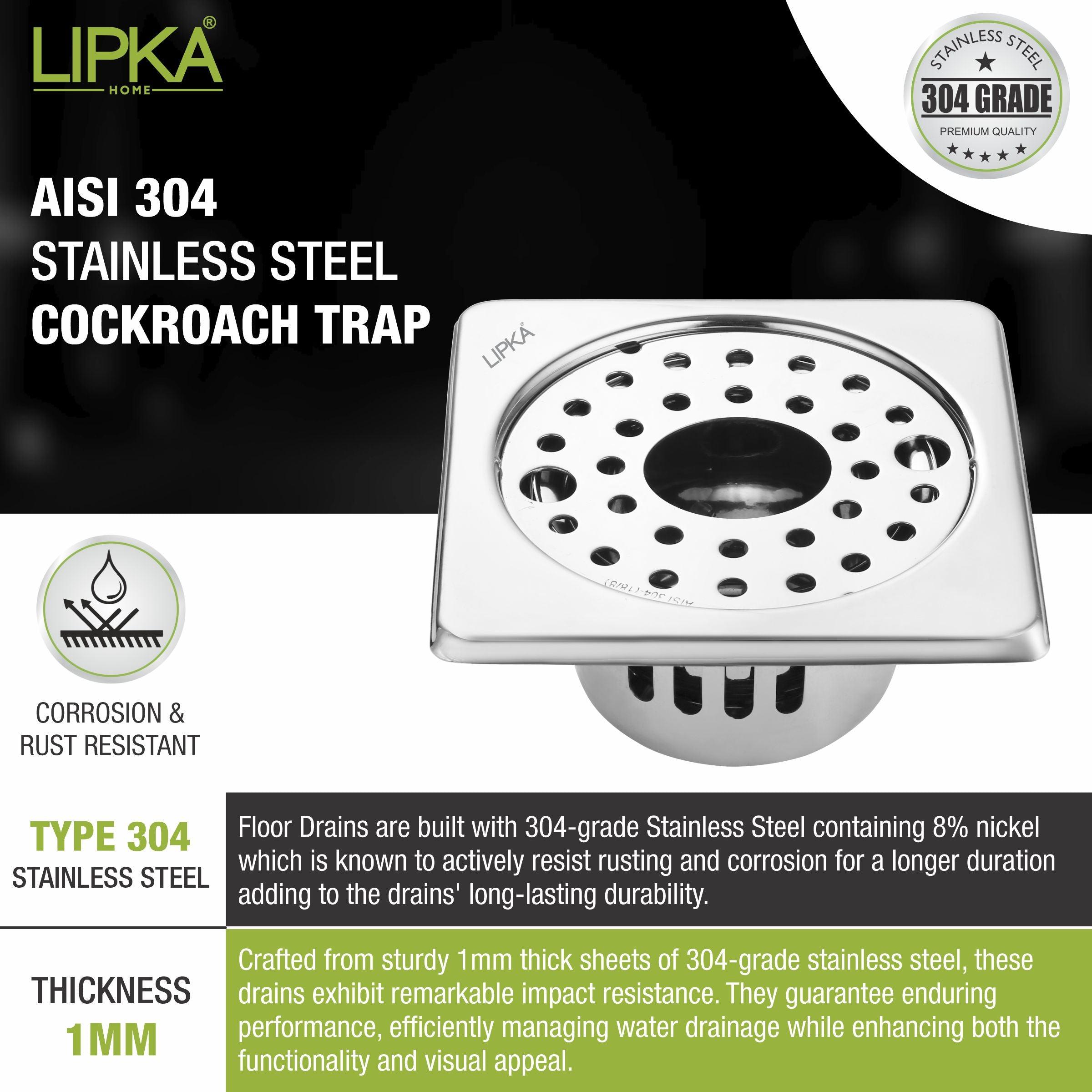 Square Floor Drain (6 x 6 Inches) with Lock, Hole and Cockroach Trap - LIPKA - Lipka Home