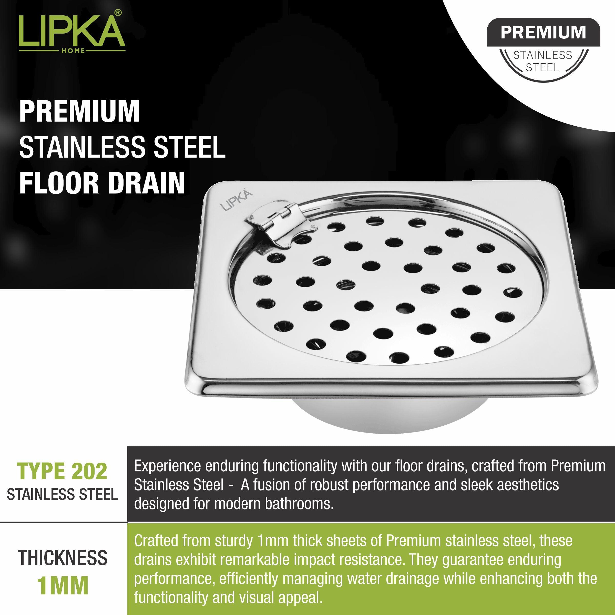 Super Sleek Square Floor Drain (5 x 5 Inches) With Hinge and Cockroach Trap - LIPKA - Lipka Home