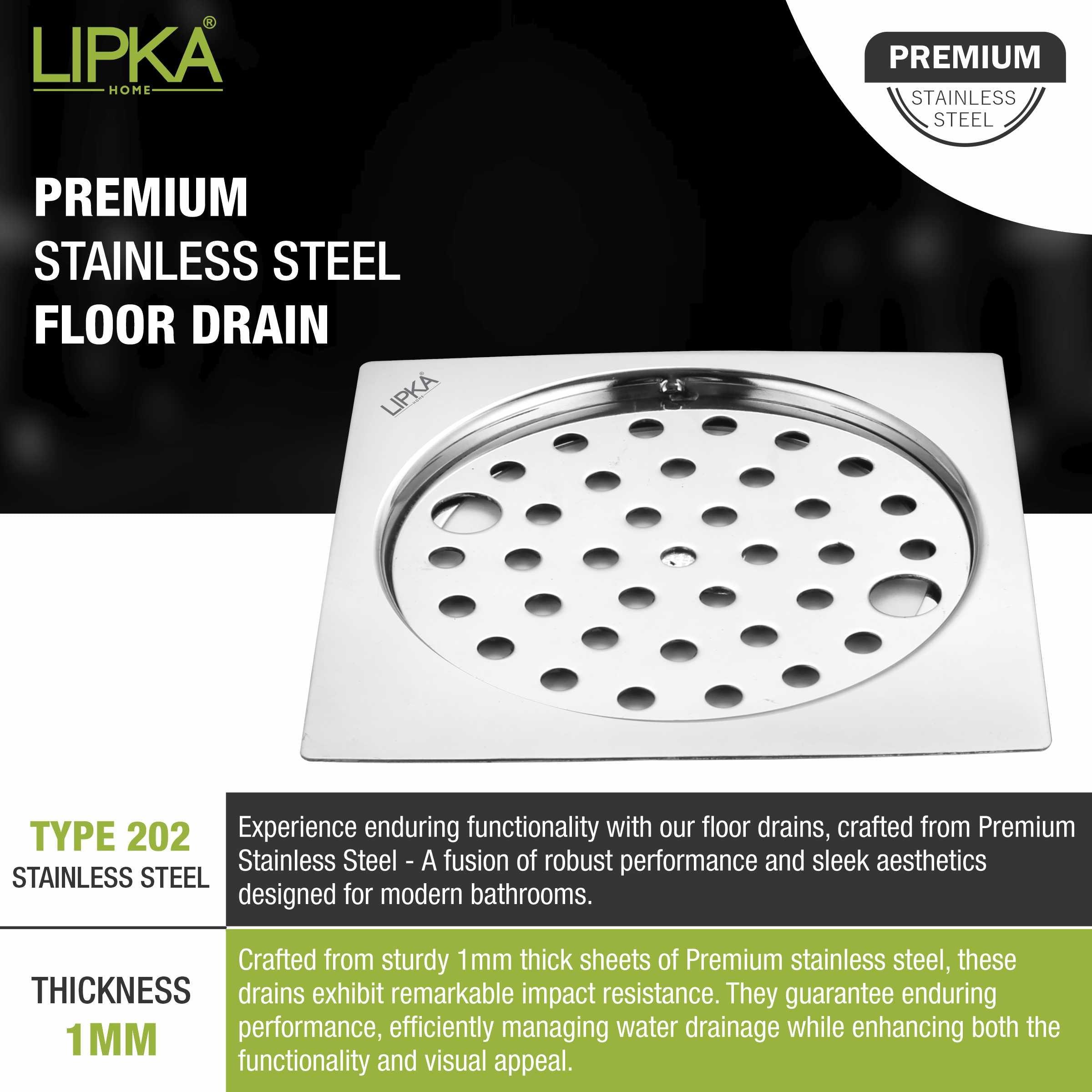 Eon Square Flat Cut Floor Drain with Plain Jali and Lock (5 x 5 Inches) - LIPKA - Lipka Home