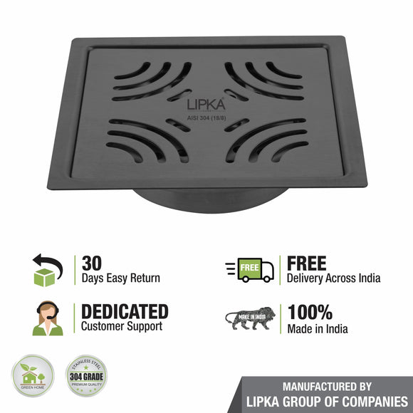 Purple Exclusive Square Flat Cut Floor Drain in Black PVD Coating (6 x 6 Inches) with Cockroach Trap - LIPKA - Lipka Home