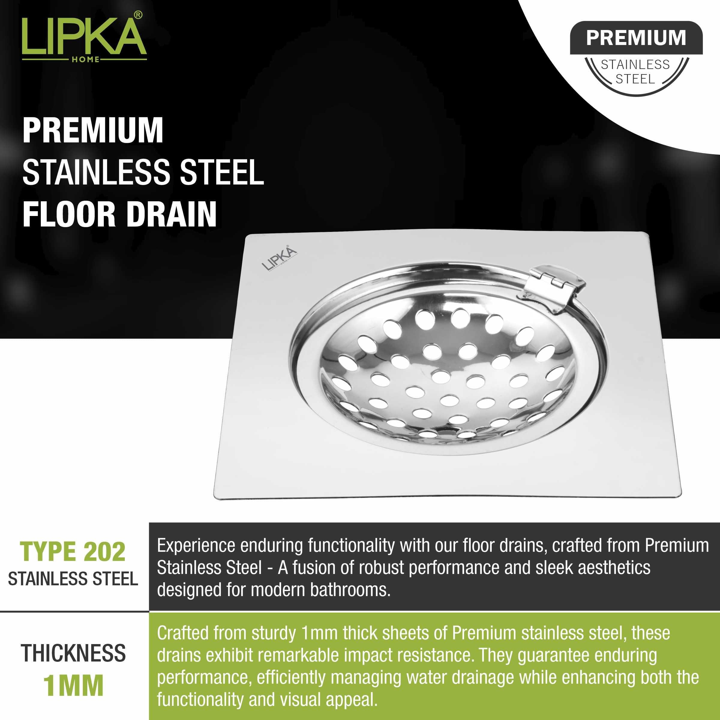 Eon Square Flat Cut Floor Drain with Hinge (6 x 6 Inches) - LIPKA - Lipka Home