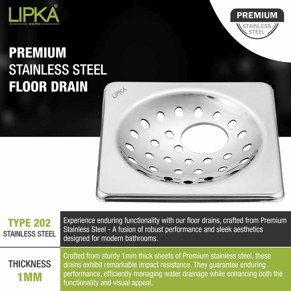 UNO Square Floor Drain (5 x 5 Inches) with Hole - LIPKA - Lipka Home