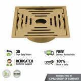 Green Exclusive Square Flat Cut Floor Drain in Yellow Gold PVD Coating (6 x 6 Inches) with Hole & Cockroach Trap - LIPKA