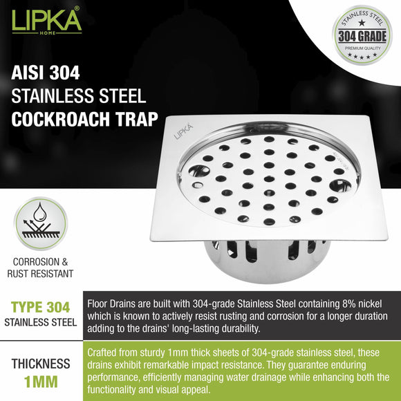 Square Flat Cut Floor Drain (5.5 x 5.5 Inches) with Lock and Cockroach Trap - LIPKA - Lipka Home