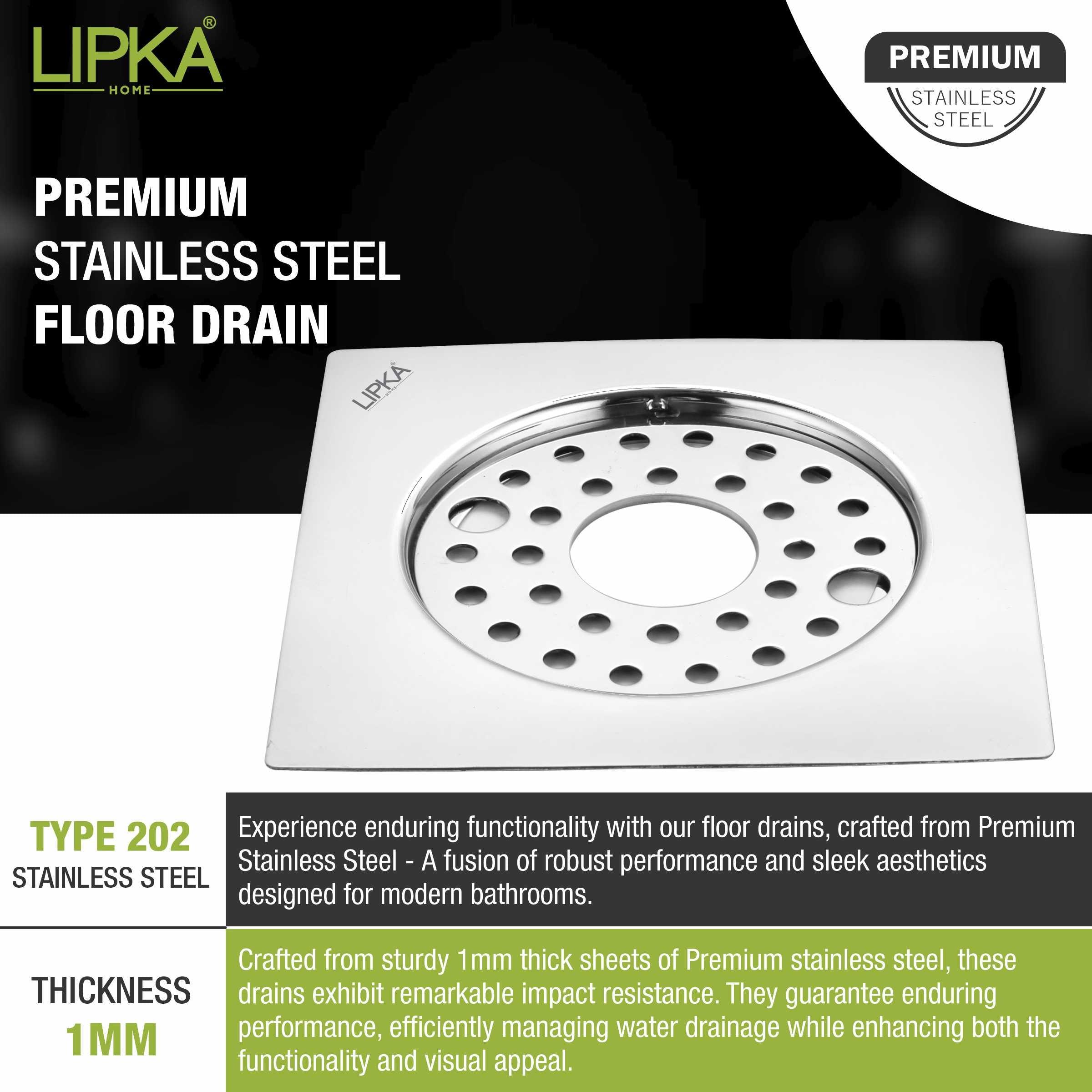 Eon Square Flat Cut Floor Drain with Plain Jali, Lock and Hole (6 x 6 Inches) - LIPKA - Lipka Home