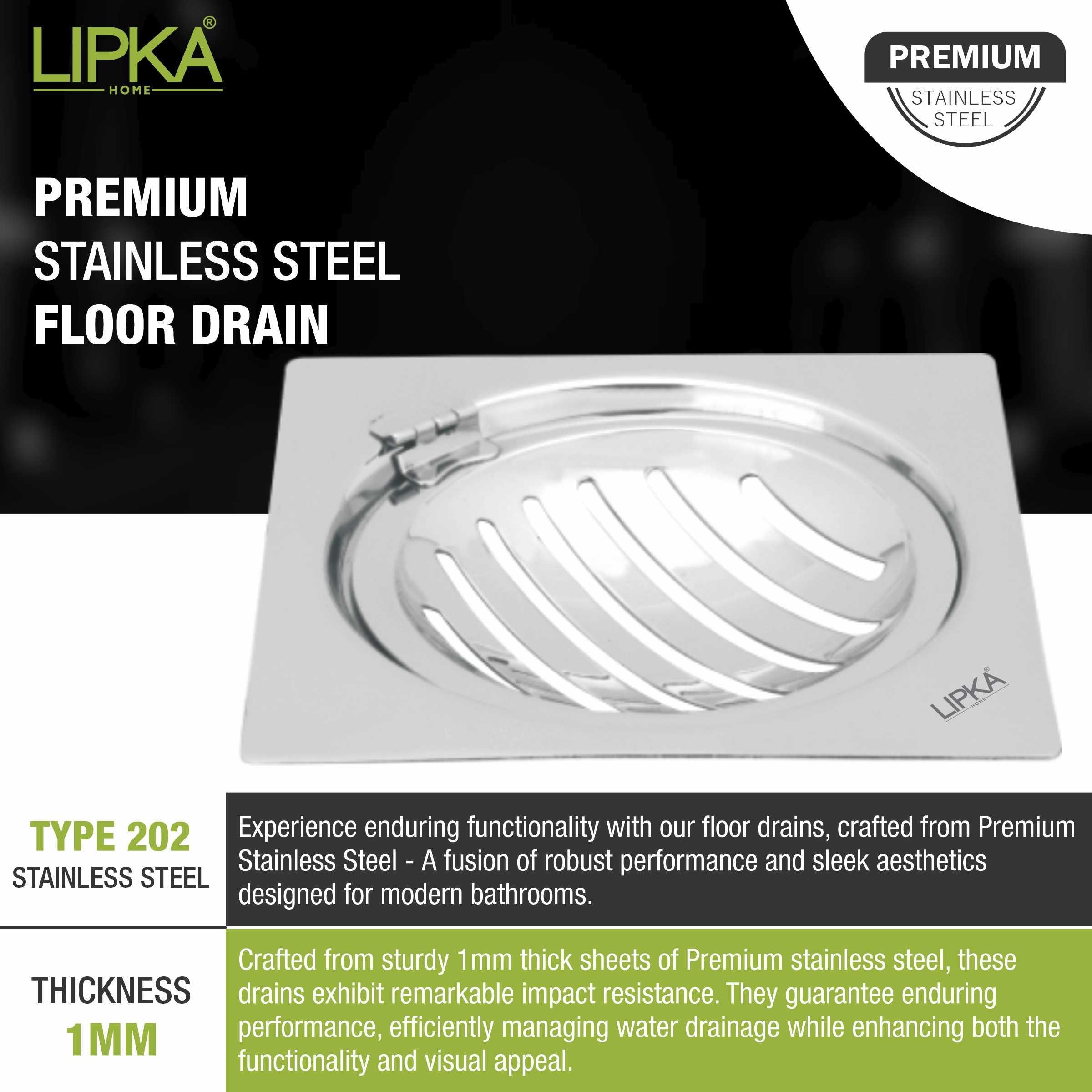 Eon Square Flat Cut Floor Drain with Classic Jali and Hinge  (6 x 6 Inches) - LIPKA