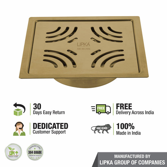 Purple Exclusive Square Flat Cut Floor Drain in Yellow Gold PVD Coating (5 x 5 Inches) with Cockroach Trap - LIPKA - Lipka Home