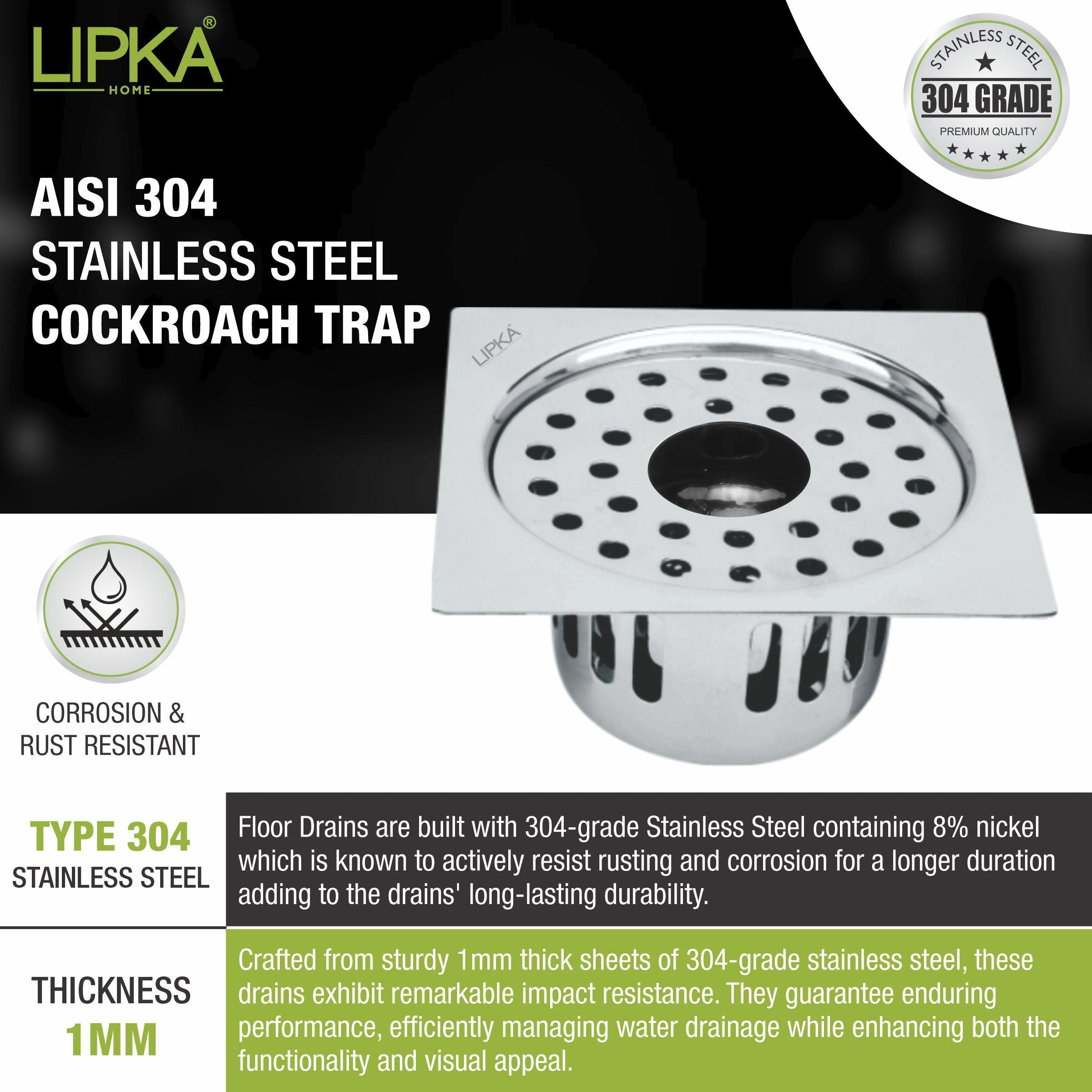 Square Flat Cut Floor Drain (5 x 5 Inches) with Hole and Cockroach Trap - LIPKA - Lipka Home