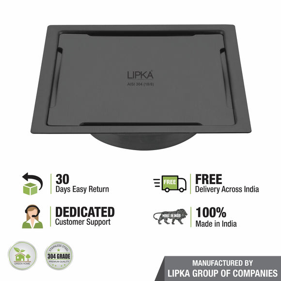 Yellow Exclusive Square Flat Cut Floor Drain in Black PVD Coating (6 x 6 Inches) with Cockroach Trap - LIPKA - Lipka Home