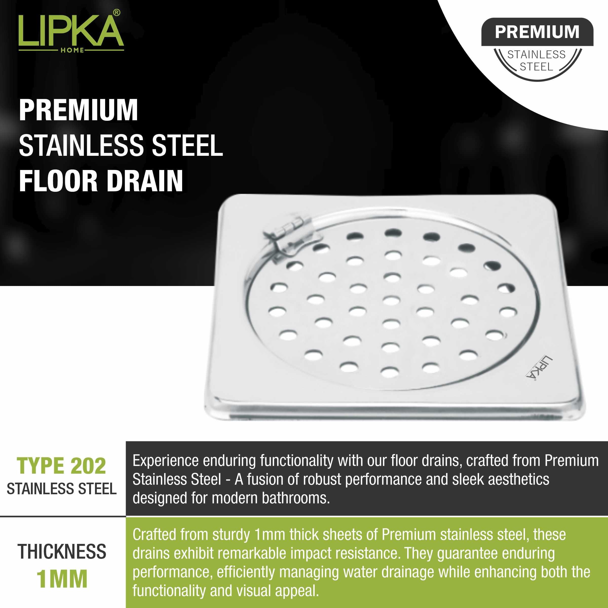 Eon Square Floor Drain with Plain Jali and Hinge (5 x 5 Inches) - LIPKA - Lipka Home