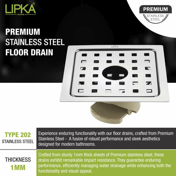 Square Jal Floor Drain (6 x 6 Inches) with Hole and Wide PVC Cockroach Trap - LIPKA - Lipka Home