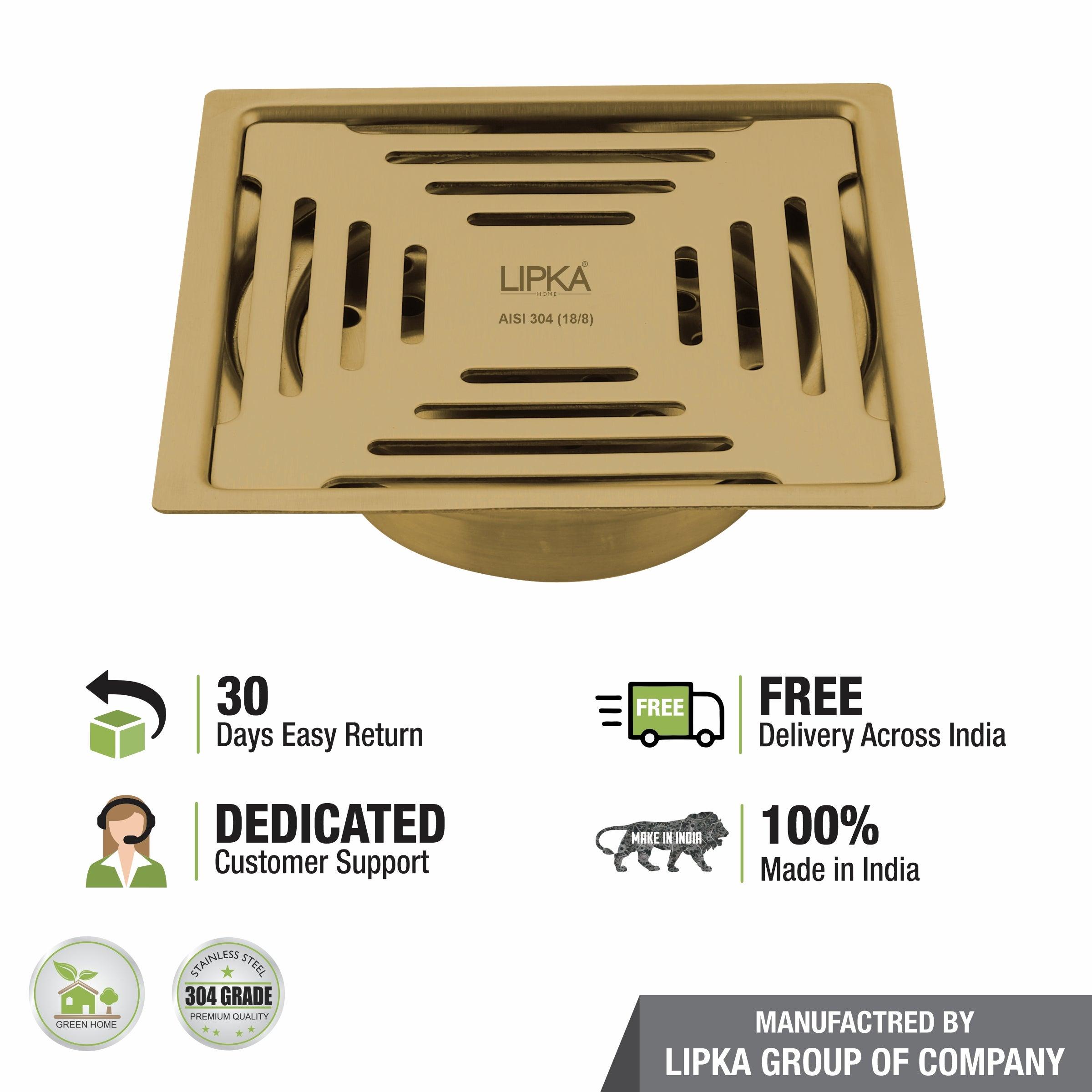 Green Exclusive Square Flat Cut Floor Drain in Yellow Gold PVD Coating (5 x 5 Inches) with Cockroach Trap - LIPKA - Lipka Home