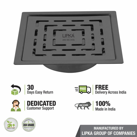 Orange Exclusive Square Flat Cut Floor Drain in Black PVD Coating (5 x 5 Inches) with Cockroach Trap - LIPKA - Lipka Home