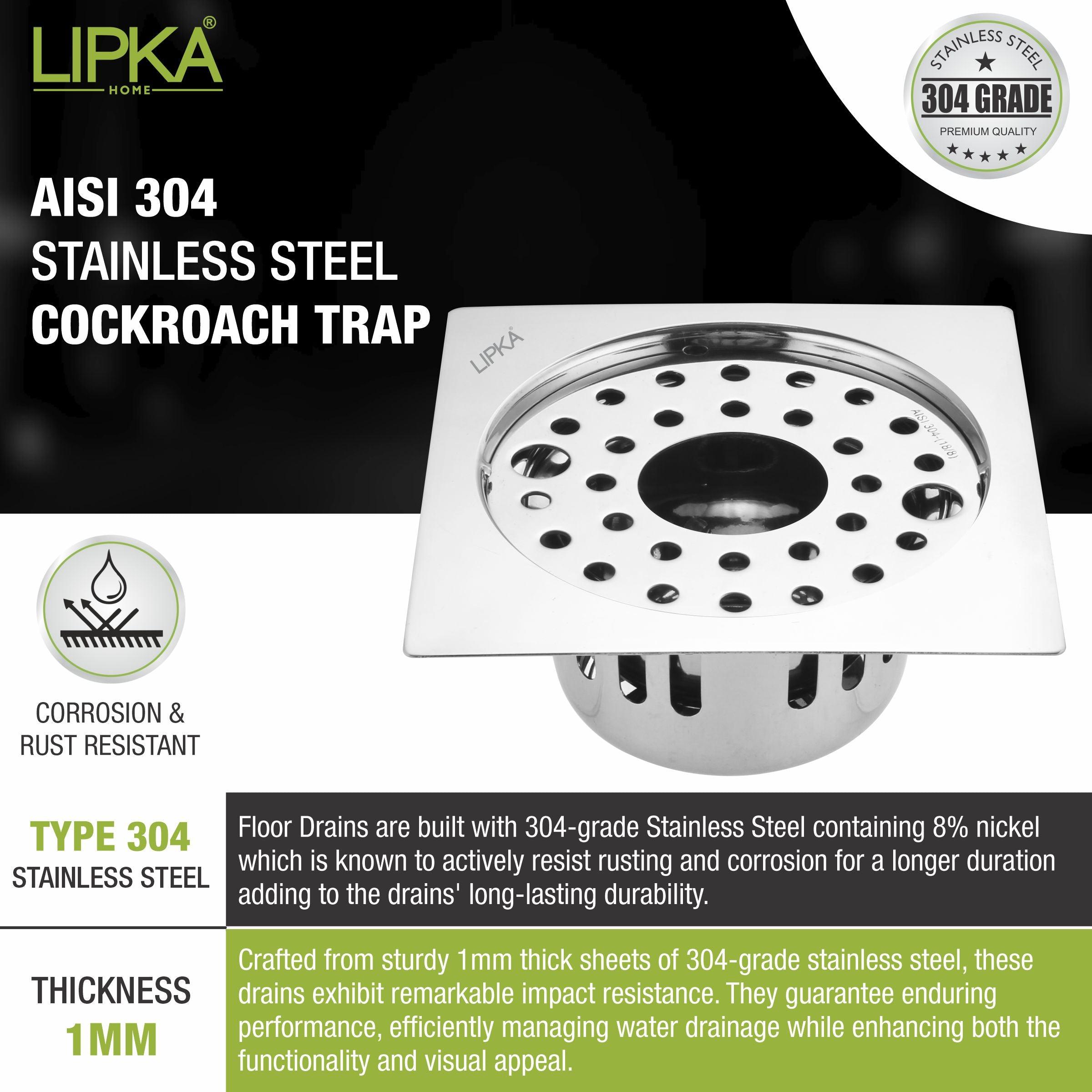 Square Flat Cut Floor Drain (5.5 x 5.5 Inches) with Lock, Hole and Cockroach Trap - LIPKA - Lipka Home