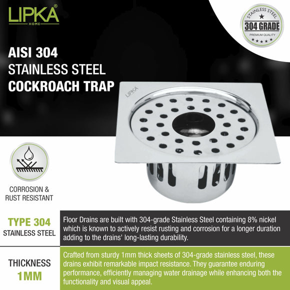 Square Flat Cut Floor Drain (5.5 x 5.5 Inches) with Hole and Cockroach Trap - LIPKA - Lipka Home