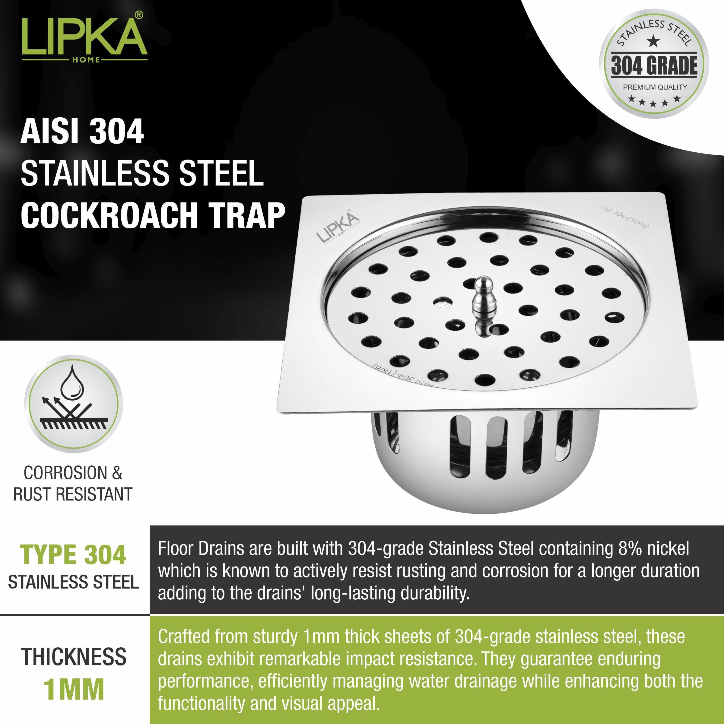 Square Flat Cut Floor Drain (5.5 x 5.5 Inches) with Lid and Cockroach Trap - LIPKA - Lipka Home
