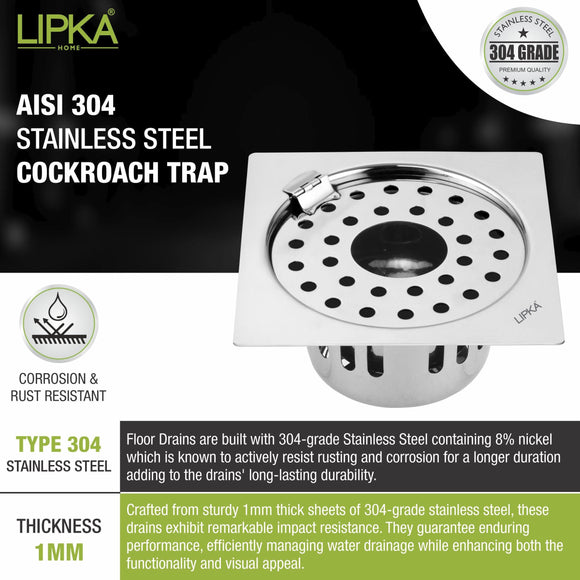 Square Flat Cut Floor Drain (5.5 x 5.5 Inches) with Hinge, Hole and Cockroach Trap - LIPKA - Lipka Home