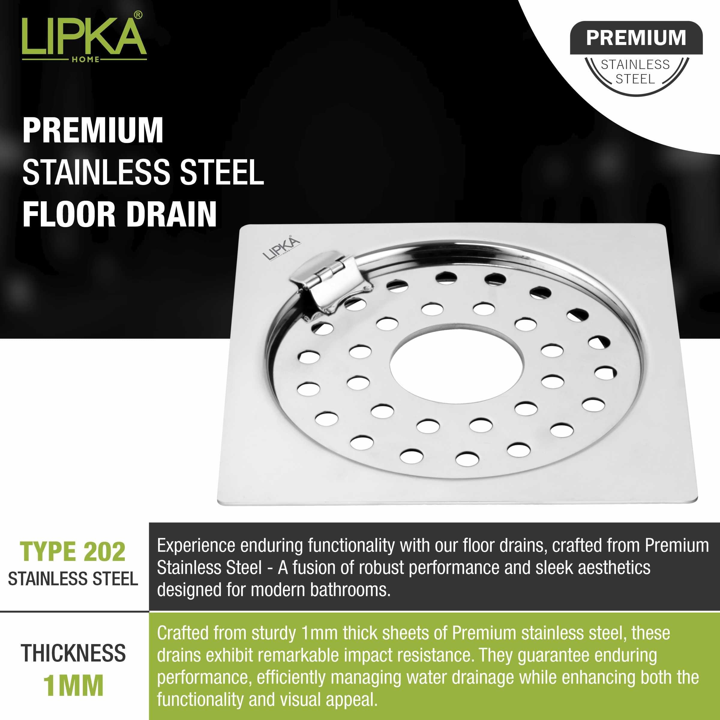 Eon Square Flat Cut Floor Drain with Plain Jali, Hinge and Hole (6 x 6 Inches) - LIPKA - Lipka Home