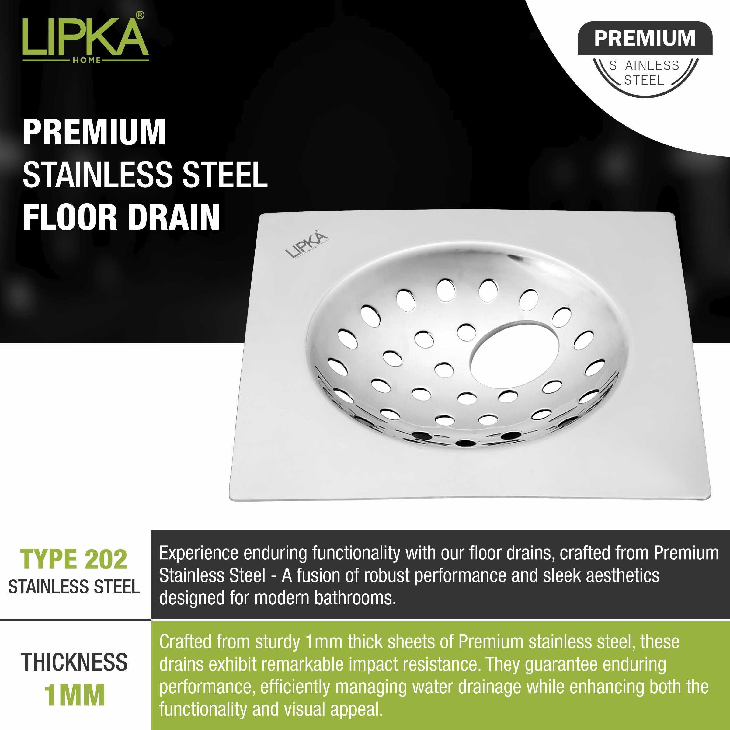 UNO Square Flat Cut Floor Drain (6 x 6 Inches) with Hole - LIPKA