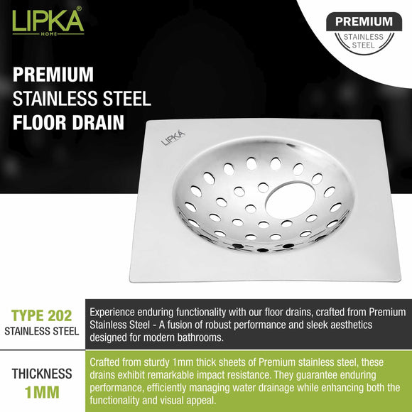 UNO Square Flat Cut Floor Drain (6 x 6 Inches) with Hole - LIPKA - Lipka Home