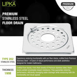 Eon Square Floor Drain with Plain Jali, Hinge and Hole (6 x 6 Inches) - LIPKA