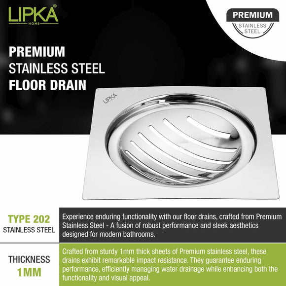 Eon Square Flat Cut Floor Drain with Classic Jali (5 x 5 Inches) - LIPKA - Lipka Home