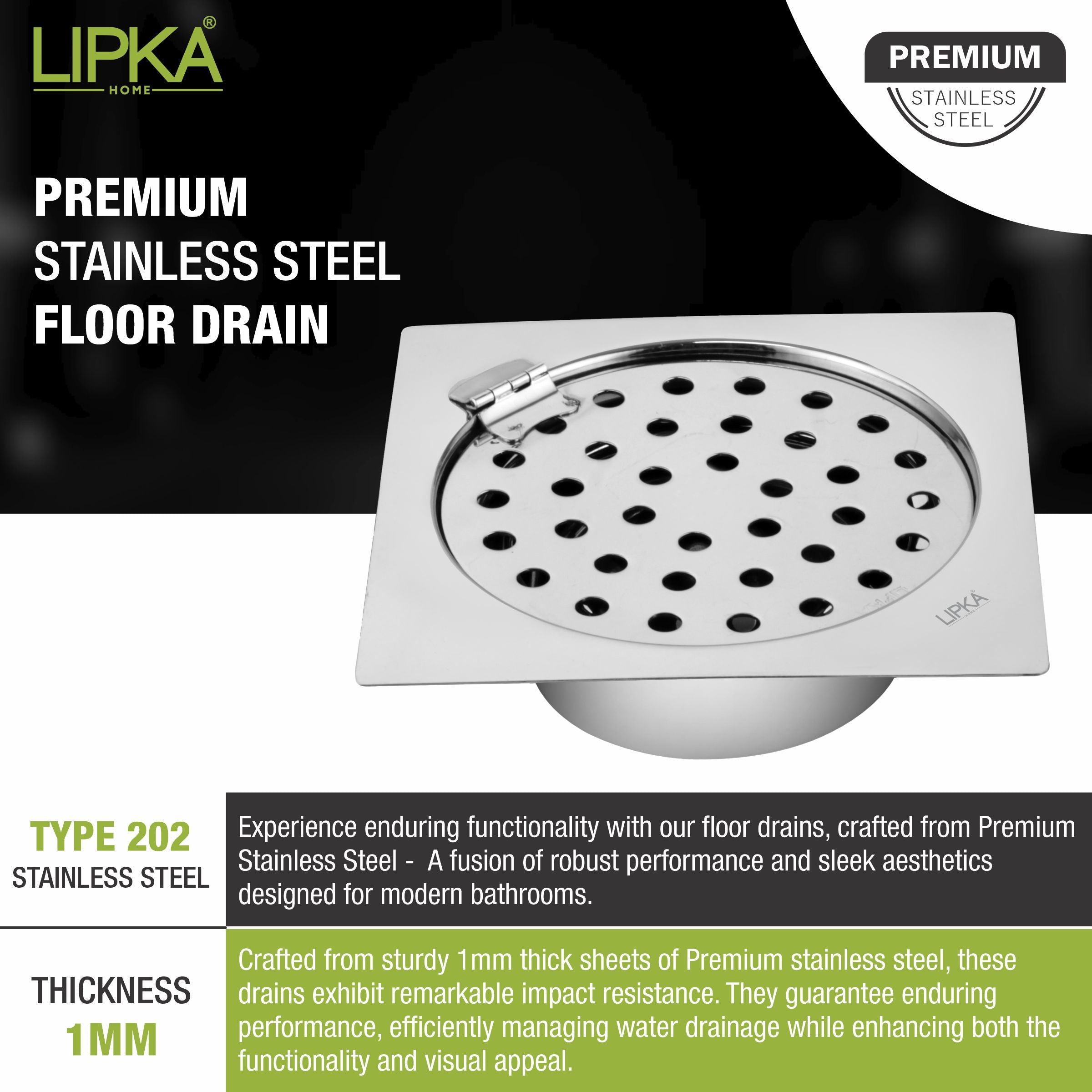 Super Sleek Square Flat Cut Floor Drain (5 x 5 Inches) with Hinge and Cockroach Trap - LIPKA - Lipka Home