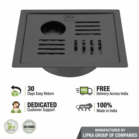 Pink Exclusive Square Flat Cut Floor Drain in Black PVD Coating (6 x 6 Inches) with Hole & Cockroach Trap - LIPKA - Lipka Home