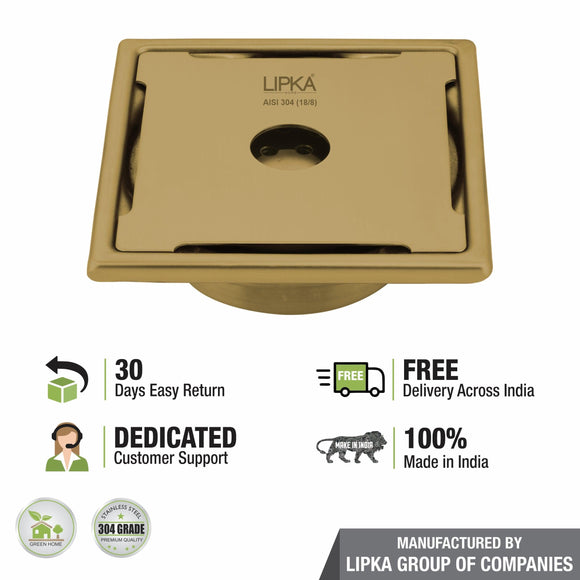 Yellow Exclusive Square Floor Drain in Yellow Gold PVD Coating (6 x 6 Inches) with Hole & Cockroach Trap - LIPKA - Lipka Home
