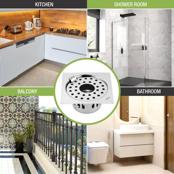 Square Flat Cut Floor Drain (5.5 x 5.5 Inches) with Hinge, Hole and Cockroach Trap - LIPKA - Lipka Home