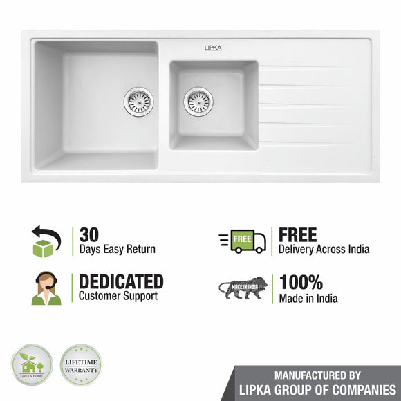 Crystal White Double Bowl with Drainboard Kitchen Sink (45 x 20 x 9 Inches) - LIPKA - Lipka Home
