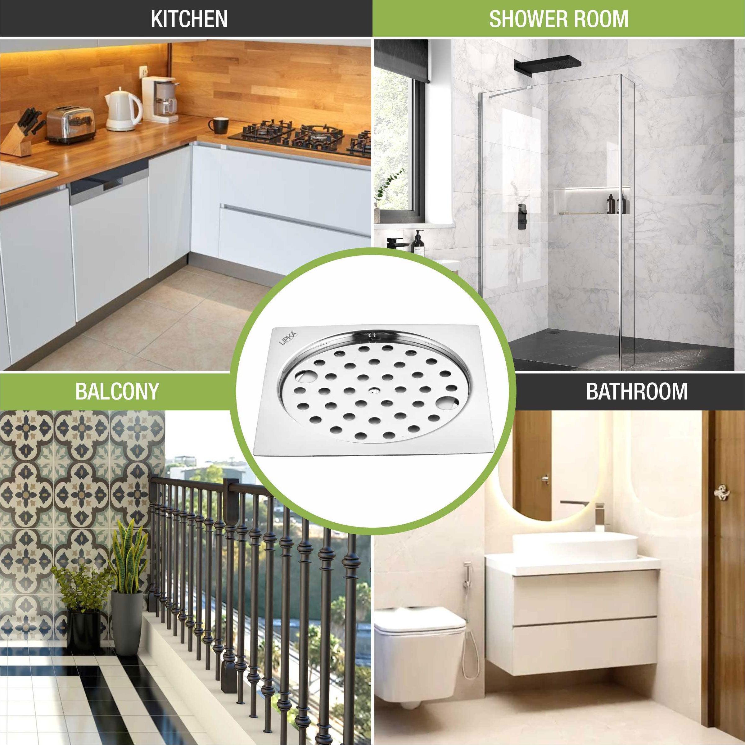 Eon Square Flat Cut Floor Drain with Plain Jali and Lock (5 x 5 Inches) - LIPKA - Lipka Home