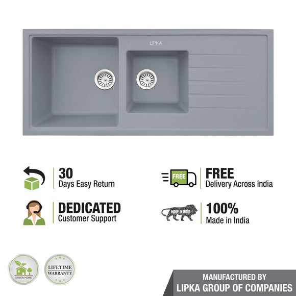 Smokey Grey Quartz Double Bowl with Drainboard Kitchen Sink (45 x 20 x 9 Inches) - LIPKA - Lipka Home